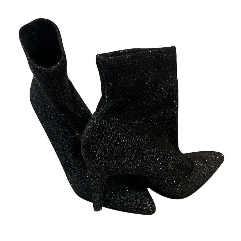 Sparkly Black Sock Booties Stiletto‎ Heel Pointed Toe Ankle Boots Women's
